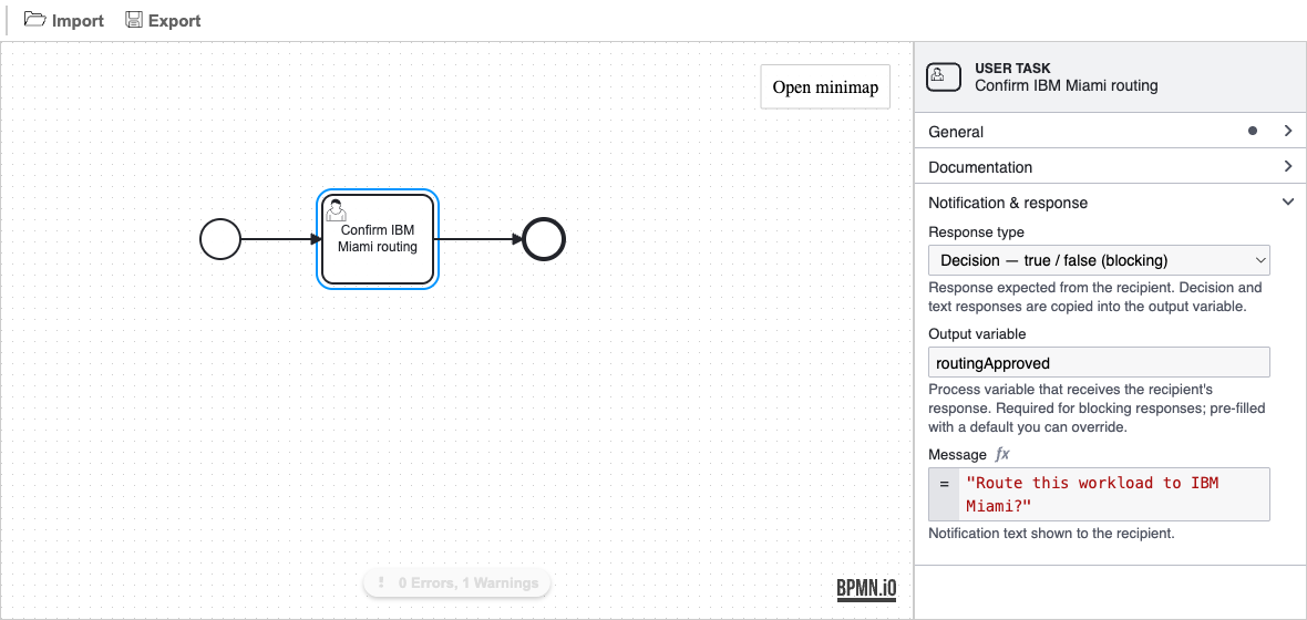 A Platform User Task "Confirm IBM Miami routing" selected in the workflow modeler; the Notification & response properties group shows Response type "Decision — true / false (blocking)", Output variable "routingApproved", and the FEEL Message